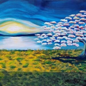 Coucher de soleil et arbre rose